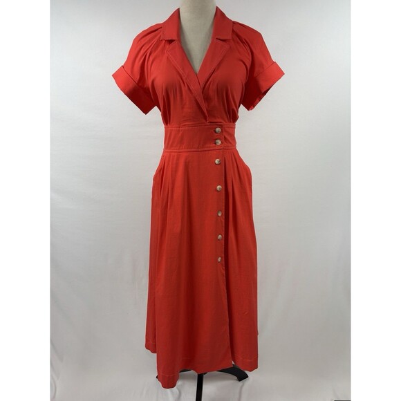 Maeve Anthropologie Shirt Dress Red 10 Cut Out Back Collared Maxi - Picture 1 of 12